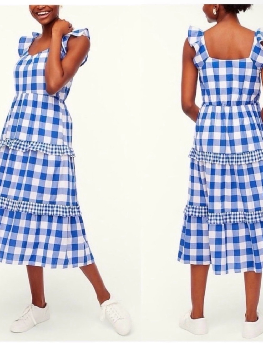 J. Crew Factory Blue & White Gingham Tiered Midi Dress